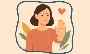 Kobieta z podniesioną dłonią, symbolizująca konsekwencję w wychowaniu. Obok serce i liście.