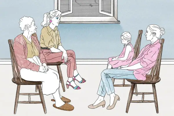 Grupa kobiet, w tym starsza pani, młoda kobieta i dziewczynka, siedzą na krzesłach. Ilustracja może być częścią poradnika dla rodziców dorosłych dzieci.